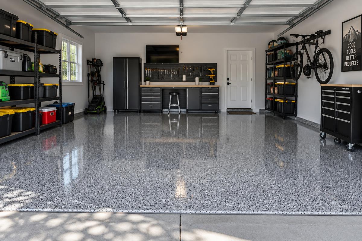 Grey flake epoxy garage floor coating in a two-car Surrey garage